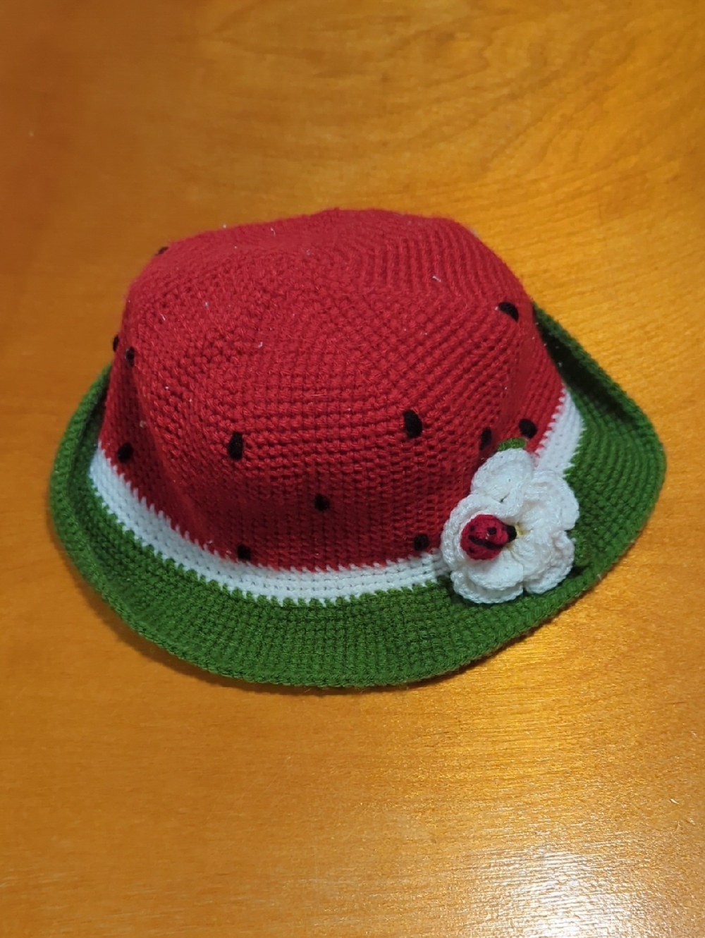Red & Green Kids Crochet Sun Hat with Flower Accent